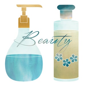 May include: Two blue and gold glass bottles with pumps, one with a blue cap and the other with a gold cap. The bottles are filled with a light blue liquid. The word "Beauty" is written in cursive in the center of the image.