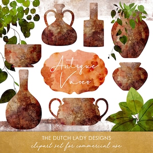Antique Vase Clipart Set - Plantes en pot - Vases en pierre - Plante verte - Aspect en détresse - Vases grecs - TÉLÉCHARGEMENT INSTANTANÉ - 20 fichiers .PNG