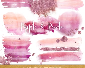 Watercolor Smear Clipart - Brush Strokes - Waterpaint Stripes - Glitter Ink Splatter - In Purple & Peach - INSTANT DOWNLOAD - 20 .PNG Files