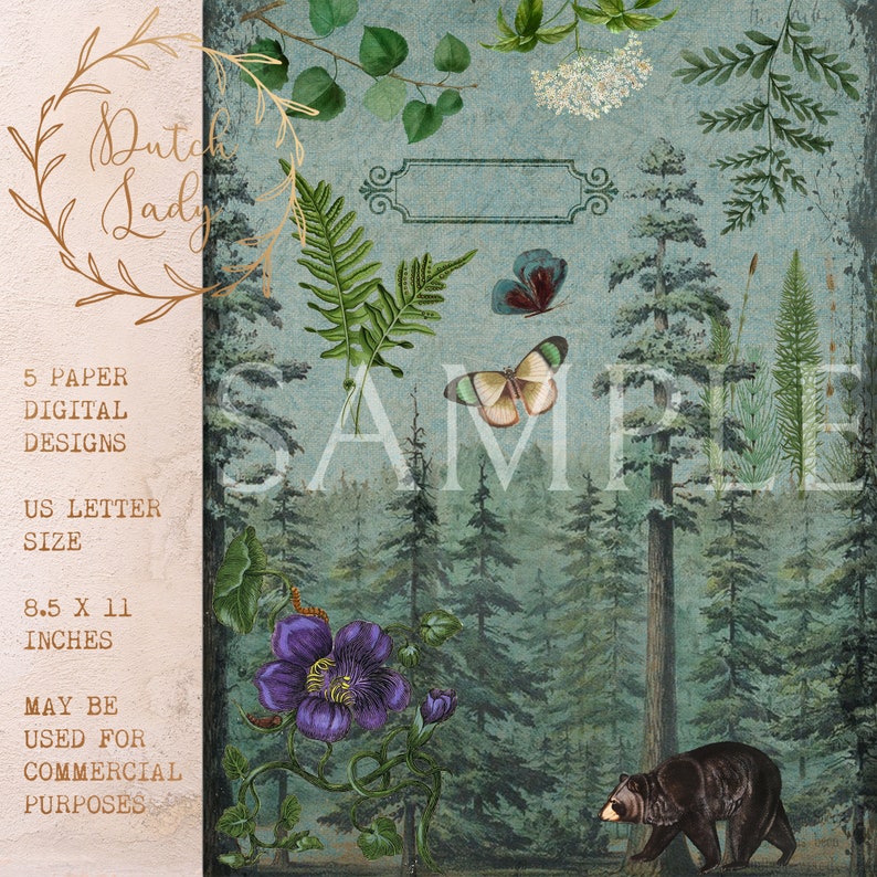 May include: Digital paper design with a forest theme. The image features a bear, butterflies, and a purple flower. Text includes "Dutch Lady", "5 Paper Digital Designs", and "8.5 x 11 inches".