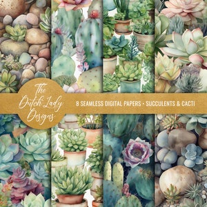 Fondos digitales suculentos y cactus - Papeles de álbum de recortes imprimibles - Patrones de plantas sin costuras de acuarela - DESCARGA INSTANTE - 8 archivos JPEG