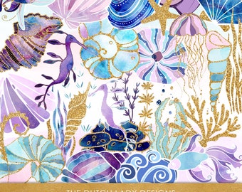 Ocean Clipart Set: Watercolor Sea Life Graphics (112 PNG Images) (Digital Download)