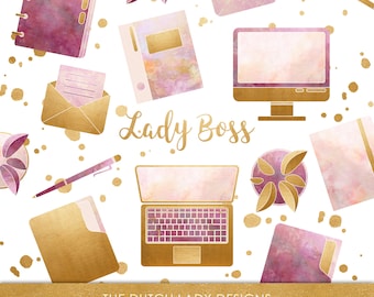 May include: A set of watercolor illustrations featuring office supplies in pink and gold tones. The illustrations include a laptop, a desktop computer, a notebook, a folder, a pen, and a plant. The text "Lady Boss" is written in gold lettering. The text "THE DUTCH LADY DESIGNS clipart set for commercial use" is written in gold lettering at the bottom of the image.