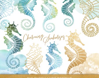 Watercolor Seahorse Clipart Set – Blue, Aqua, Green & Gold (PNG Files)