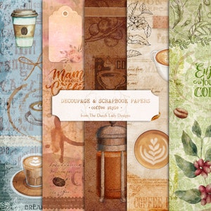 Conjunto de papel para decupagem digital e álbum de recortes - Fundos para impressão - Tamanho carta dos EUA - Tema de café vintage - 5 arquivos .Jpeg - DOWNLOAD INSTANTÂNEO
