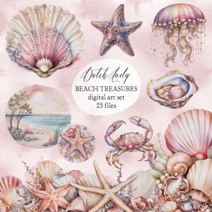 Clipart de tesouro de praia - arte com lápis aquarela - costa do oceano - conchas e estrelas do mar - papel para álbum de recortes - DOWNLOAD INSTANTÂNEO - 25 imagens digitais