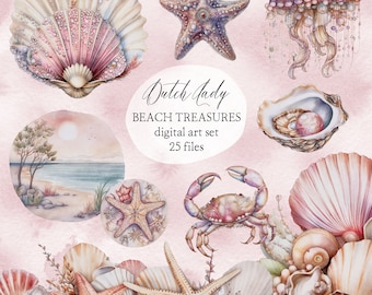 Watercolor Beach Clipart: Seashells, Starfish, Crab (25 Digital Images) (Instant Download)