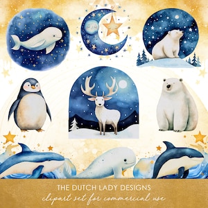 Süße Tiere Clipart Set - Kinder Illustrationen - Aquarell Kunst - Nordpol Nachthimmel Grafiken - SOFORTIGER DOWNLOAD - 25 PNG Dateien