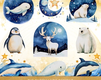 Arctic Animals Watercolor Clipart Set: North Pole PNG Graphics (Digital Download)