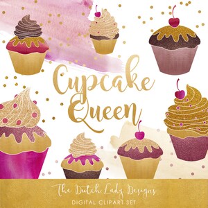Cupcake Clipart Set - Cupcakes, Watercolor Smears & Confetti Overlays - Púrpura, Oro y Purpurina - DESCARGA INSTANTÁNEA - 22 .PNG Imágenes