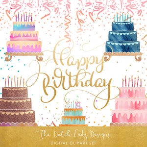 Geburtstagskuchen & Party Clipart Set - Bunte Layered Cakes, Konfetti Overlays und Happy Birthday Text - INSTANT DOWNLOAD - 20 .PNG Bilder