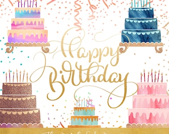 Birthday Cake & Party Clipart Set - Colorful Layered Cakes, Confetti Overlays and Happy Birthday Text - INSTANT DOWNLOAD - 20 .PNG Images