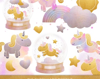 Unicorn Snowglobe Clipart Set: Rainbow, Stars, Moon (INSTANT DOWNLOAD)