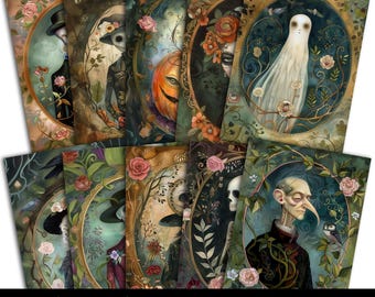 Halloween Character Postcards: Eerie Victorian Floral Art (Digital Download)