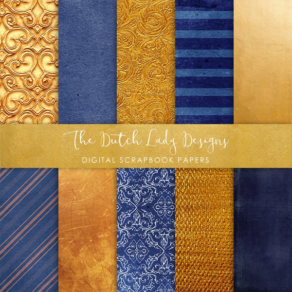 Digital Scrapbook Paper - Royal Blue & Gold - Decorational Backgrounds - Ornamental Papers - 10 .JPEG Files - INSTANT DOWNLOAD
