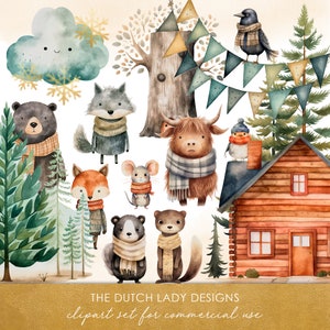 Ensemble de cliparts hiver dans les bois - illustrations pour enfants mignons - animaux de la forêt en tenues d'hiver - téléchargement immédiat - 25 images numériques