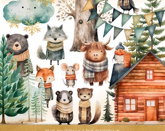 May include: Watercolor clipart set featuring a variety of woodland animals, including a bear, wolf, fox, mouse, highland cow, otter, and a blackbird. The set also includes a cabin, trees, and a cloud with snowflakes. The text "THE DUTCH LADY DESIGNS clipart set for commercial use" is at the bottom of the image.