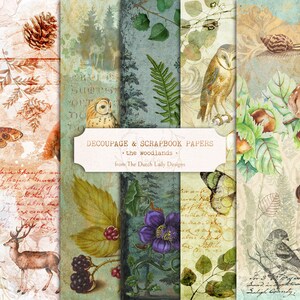 May include: A collection of decoupage and scrapbook papers with a woodland theme. The papers feature illustrations of owls, deer, butterflies, and foliage in muted tones of green, brown, and blue. The text "DECOUPAGE & SCRAPBOOK PAPERS" is visible.
