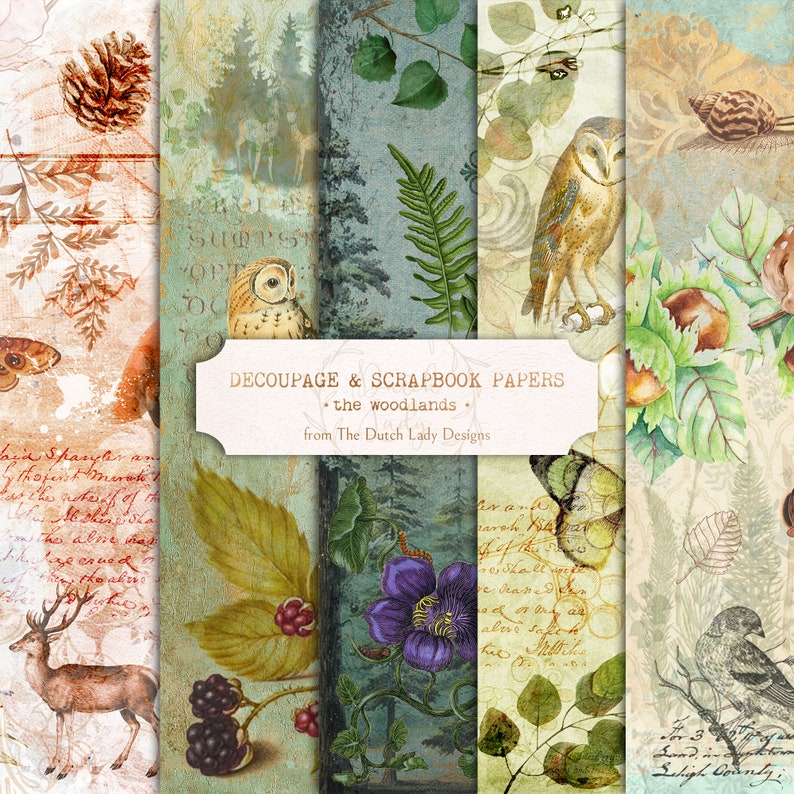 May include: A collection of decoupage and scrapbook papers with a woodland theme. The papers feature illustrations of owls, deer, butterflies, and foliage in muted tones of green, brown, and blue. The text "DECOUPAGE & SCRAPBOOK PAPERS" is visible.