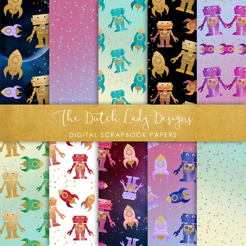 Digital Scrapbook Paper Robots & Rockets Space Pattern Etsy