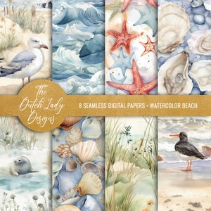Fondos digitales de playa de acuarela - Papel de álbum de recortes imprimible - Patrón sin costuras - Aves, conchas, olas - DESCARGA INSTANTE - 8 archivos JPEG