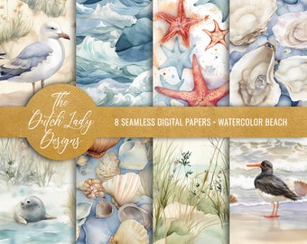 Watercolor Beach Digital Paper: Seamless Coastal Patterns (Digital Download)