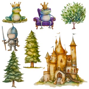 Once upon a time fairytale clipart set. Cute story telling theme. Fairytale characters, castle, wishing well, ribbons, trees. Ideal for scrapbooking, birthday cards or making stickers. 25 PNG files for personal & commercial use. Enchanted world.