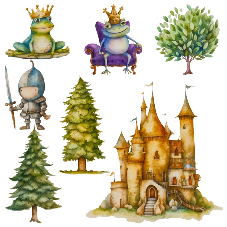 Once upon a time fairytale clipart set. Cute story telling theme. Fairytale characters, castle, wishing well, ribbons, trees. Ideal for scrapbooking, birthday cards or making stickers. 25 PNG files for personal & commercial use. Enchanted world.