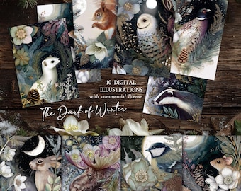 The Dark of Winter Art Prints: Woodland Animals Postcard & Christmas Card Set (Digital Download)