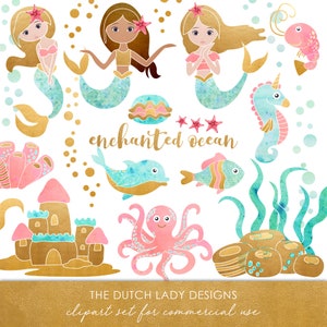 Enchanted Ocean Clipart Set - Sirènes - Poisson - Hippocampe - Corail - Château de sable - Or - Aqua - Rose - TÉLÉCHARGEMENT INSTANTANÉ - 20 .PNG Images