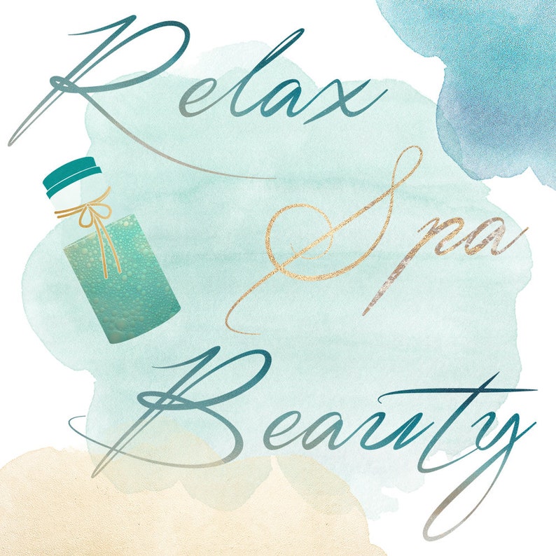 May include: A watercolor illustration of a spa and beauty logo with the words "Relax Spa Beauty" in a cursive font. The logo features a teal bottle with a teal lid and a gold bow. The bottle is filled with a teal liquid and has bubbles in it.