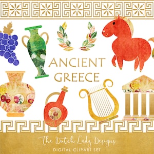 Griekse Archeologie Clipart Set - Oud Griekenland Graphics - Griekse Artefact Images - Kleurrijk &Artistiek - INSTANT DOWNLOAD - 22 .PNG Files