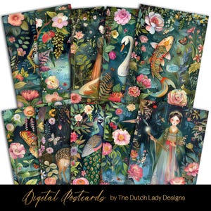 Conjunto de cartões postais e pôsteres do jardim chinês, designs de cartões florais para impressão, animais de lagoa noturnos, garotas elegantes, 10 JPEGs, DOWNLOAD INSTANTÂNEO