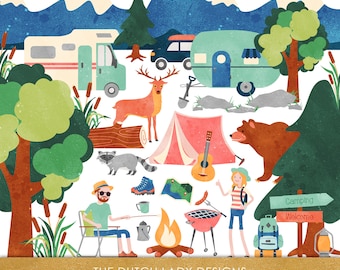 Camping Clipart Set: Wilderness Adventure Graphics (35 PNG Images) (Digital Download)