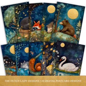 Schlafende Tiere Postkarten und Poster Set, druckbare digitale Designs, niedliche Waldtiere bei Mondschein, 10 JPEG Kunstdateien, SOFORT-DOWNLOAD