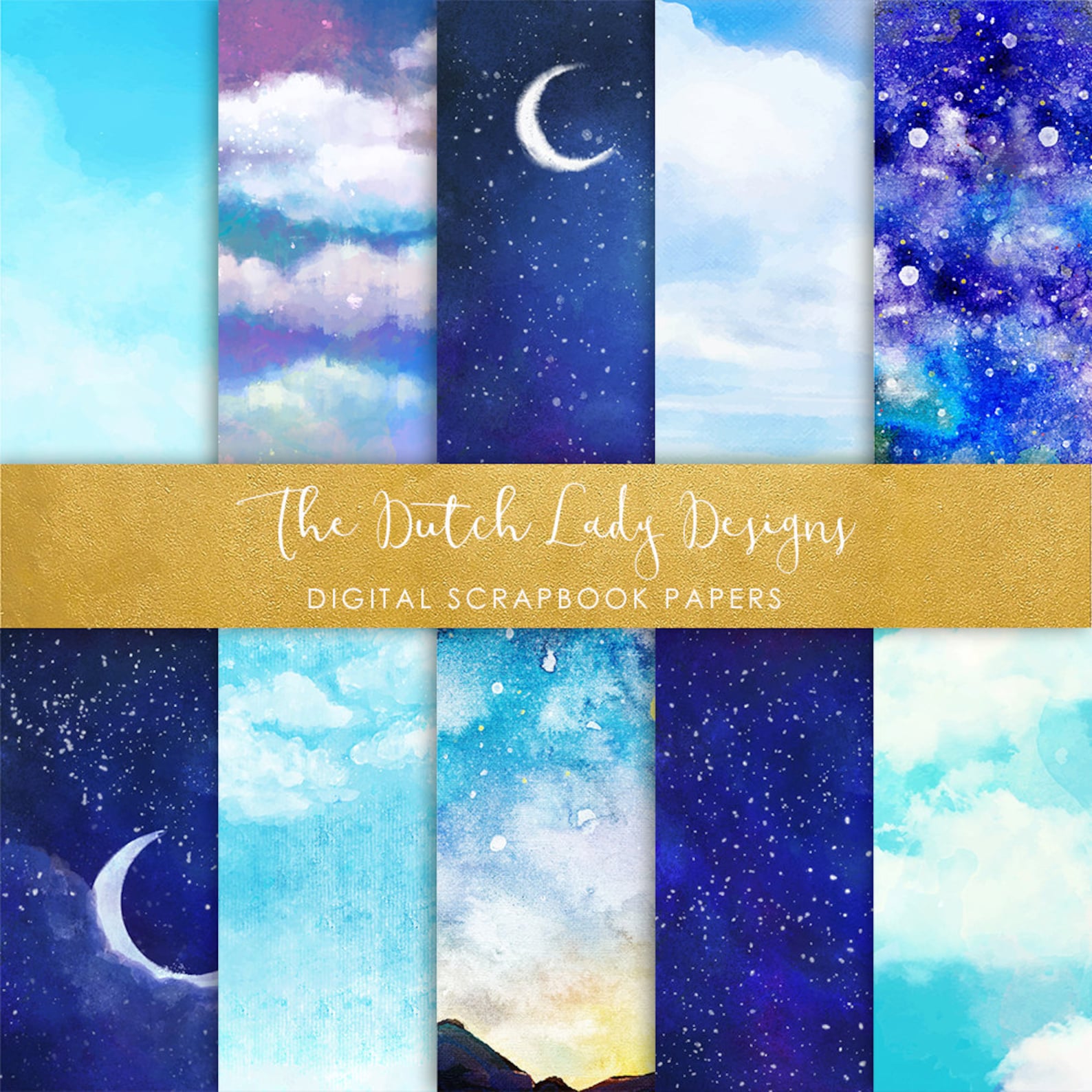 Digital Scrapbook Paper Clouds & Skies in Watercolor Sky Etsy UK