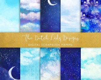 Watercolor Clouds & Skies Digital Paper: Scrapbook Backgrounds (10 JPEG File) (Instant Download)