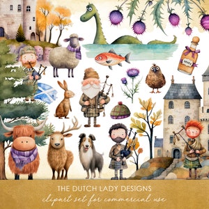 Imágenes prediseñadas de las Tierras Altas de Escocia - Ilustraciones para niños - Lindo arte de la acuarela - Gráficos de la vida en Escocia - DESCARGA INSTANTE - 25 archivos digitales