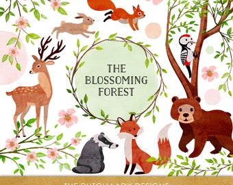 Watercolor Spring Forest Clipart: Woodland Animals & Blossoms (PNG, Instant Download)
