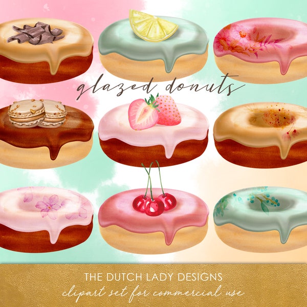 Glazed Donuts Clipart Set - Sweet Bakings - Fruit - Floral Icing - Watercolor Paint - Decorated Donut - INSTANT DOWNLOAD - 18 .PNG Images