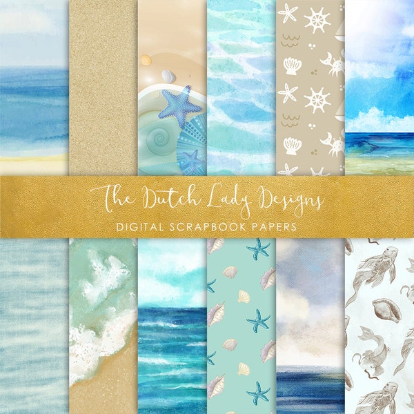 Digital Scrapbook Paper - Summer At Sea - Beach Backgrounds - Seashell Pattern - Ocean Papers - Blue - 12 JPEG Files - INSTANT DOWNLOAD