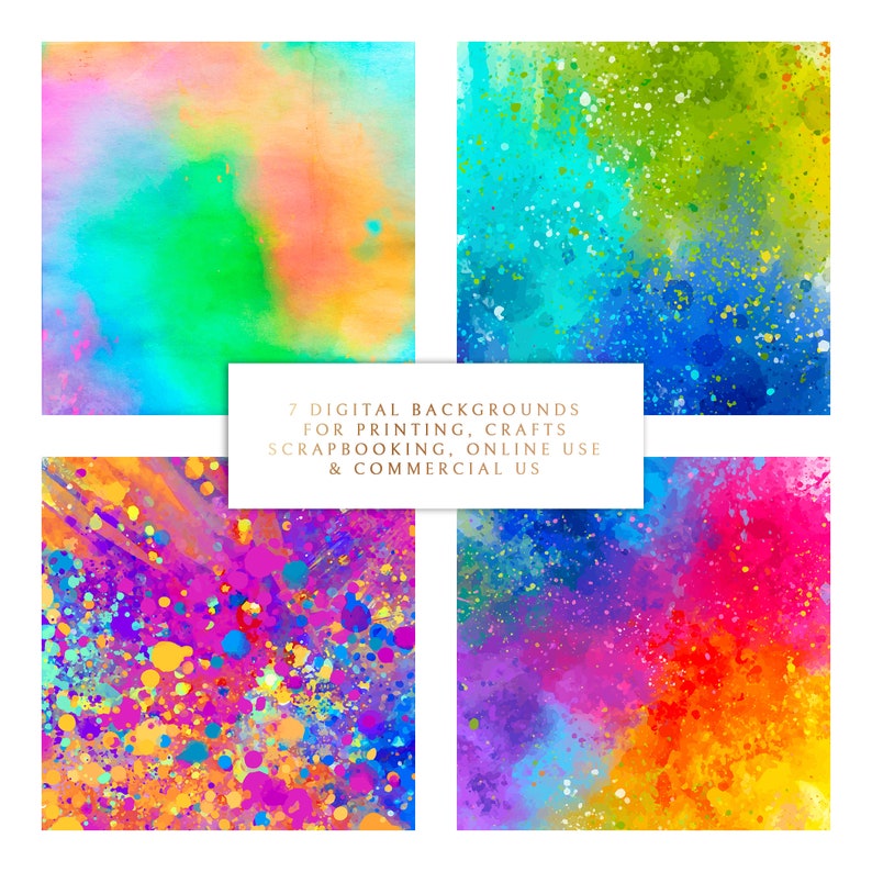 Digital Scrapbook Paper Set Afdrukbare achtergronden Carnaval Splatters Rainbow Happy Holi Art 7 .JPEG Files INSTANT DOWNLOAD afbeelding 2