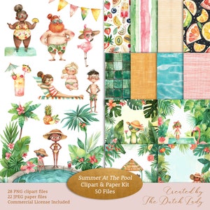 Summer At The Pool Clipart & Papiere Kit, süße tropische Schwimmen Kinder Illustrationen, nahtlose Muster, Texturbogen, SOFORTIGER DOWNLOAD