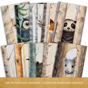 "Peeping Animals Postkarte und Poster Set, Kunstdruck für Kinderzimmer, niedliche Waldtiere & Birken, Kinder, 10 JPEG-Dateien, INSTANT DOWNLOAD."