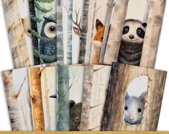 Peeping Forest Animals Postcard Set: Nursery Wall Art (10 JPEG Files, INSTANT DOWNLOAD)