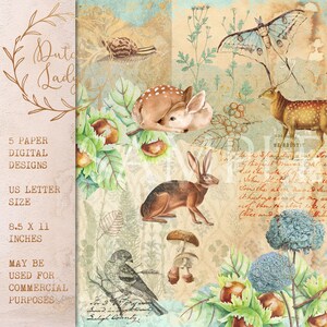 May include: Digital paper designs featuring a collage of vintage illustrations. The artwork includes a deer, rabbit, snail, butterfly, and bird, with botanical elements and text. The paper size is 8.5 x 11 inches.