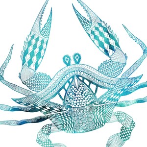 May include: A blue and white detailed illustration of a crab with intricate patterns and designs. The crab is drawn in a stylized manner with a focus on the details of its shell and legs.