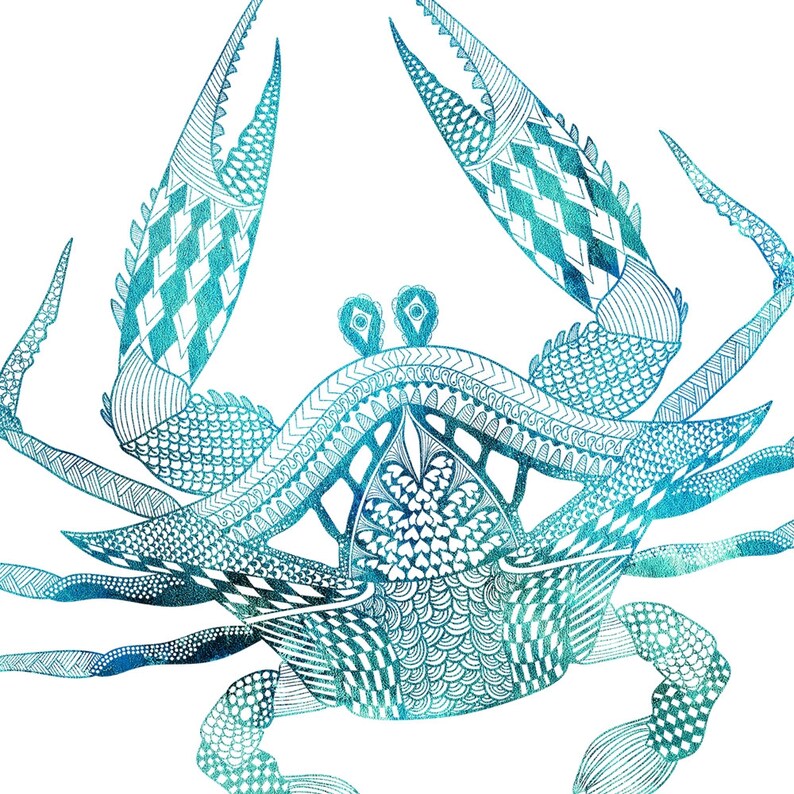 May include: A blue and white detailed illustration of a crab with intricate patterns and designs. The crab is drawn in a stylized manner with a focus on the details of its shell and legs.