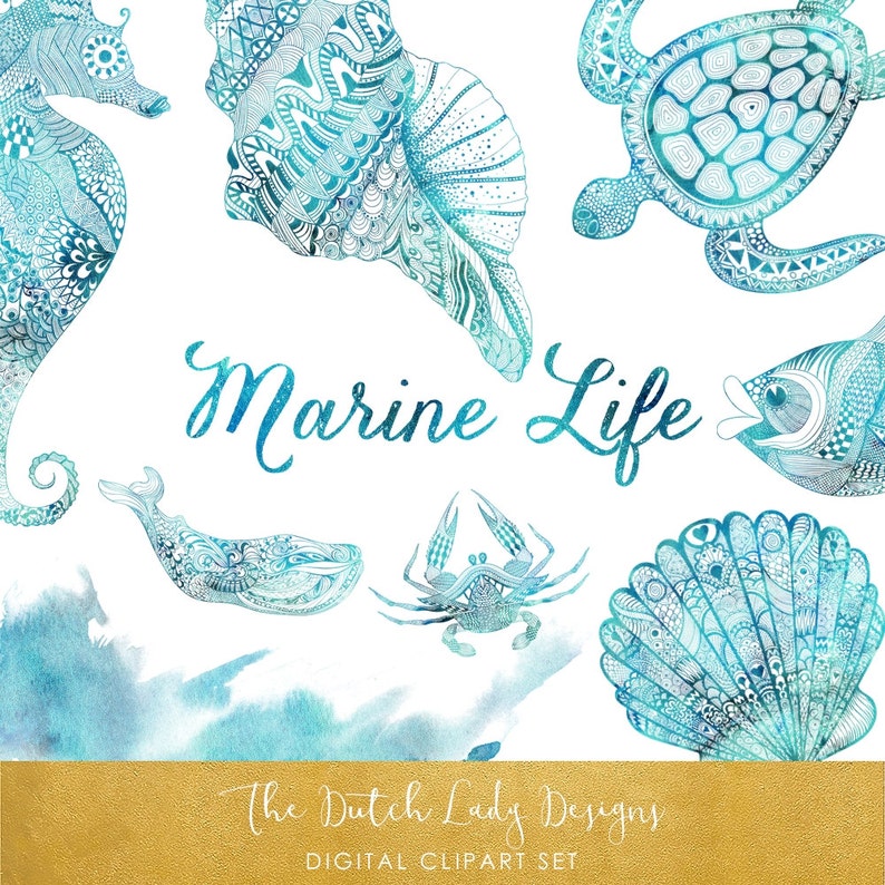 May include: A set of blue and white watercolor illustrations of various sea creatures, including a seahorse, a seashell, a turtle, a whale, a crab, a fish, and a clam. The illustrations are in a detailed, intricate style and are perfect for adding a touch of whimsy to any project. The text "Marine Life" is written in a decorative font.