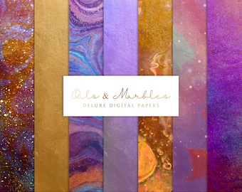 Oils and Marbles Digital Paper Set – Gold and Purple Textures (JPEG Files)